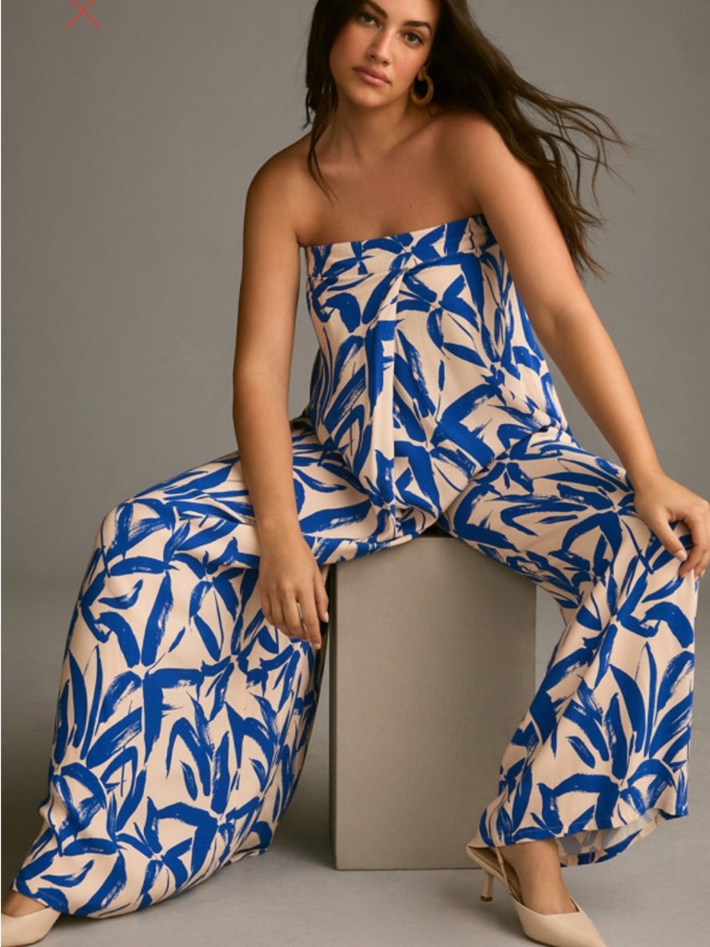 Anthropologie Blue & Cream Leaf Print Strapless Wide-Leg Jumpsuit NWT Large P